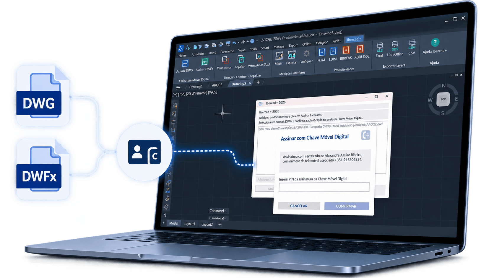 Ibercad+ 2026 - assinatura digital de ficheiros DWG e DWFx com Chave M&oacute;vel Digital no ZWCAD 2026